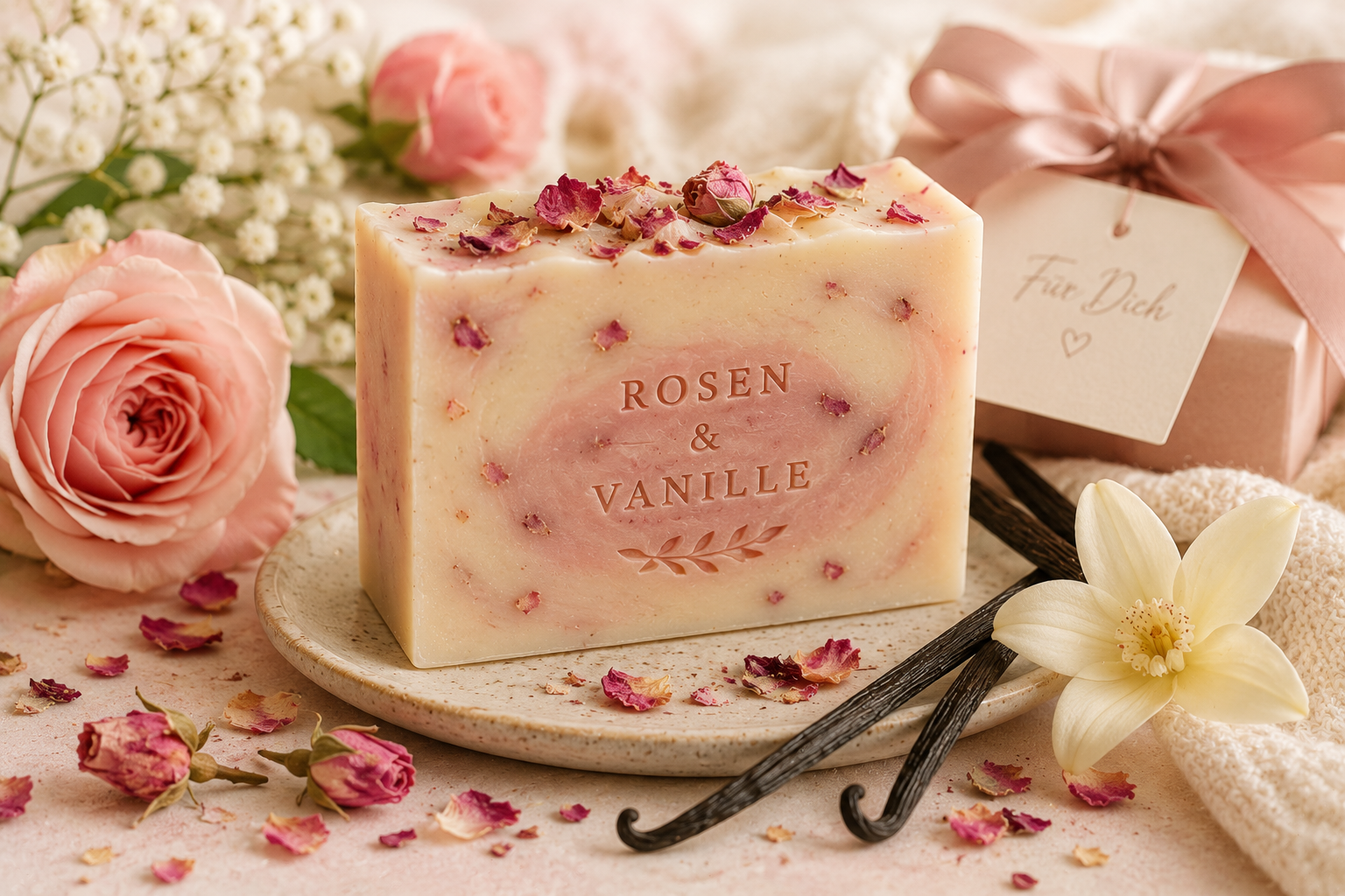 Rosen-Vanille-Seife als Geschenk für die romantische Frau